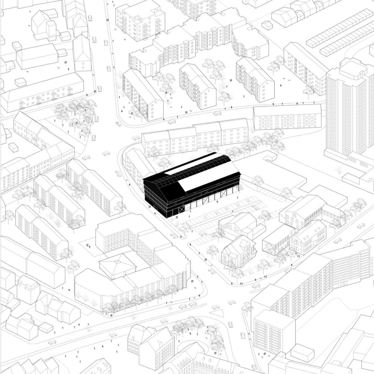 Vitus Kaufmann, Korbinian Rapp Schwarz hervorgehobenes Gebäude inmitten einer urbanen Wohn- und Bürobebauung, isometrische Darstellung.