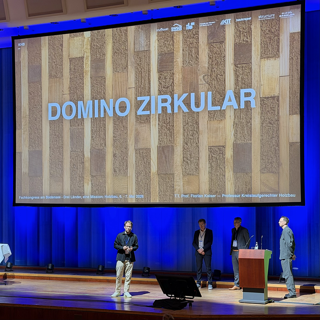 Publikum auf Bühne vor Großbildschirm mit Text „DOMINO ZIRKULAR“ und mehreren Personen im Webinar- oder Konferenzslot.