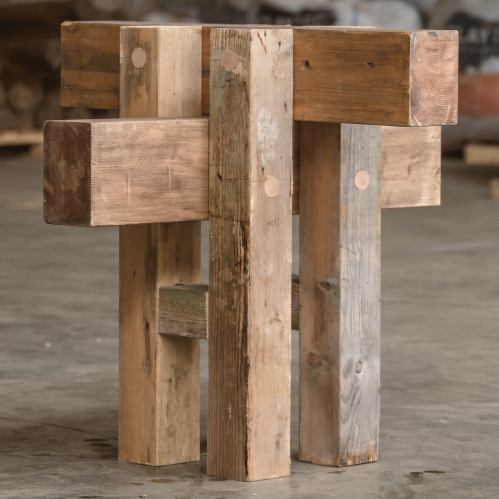 Konstruktion aus massiven, kreuzweise verbundenen Holzbalken.